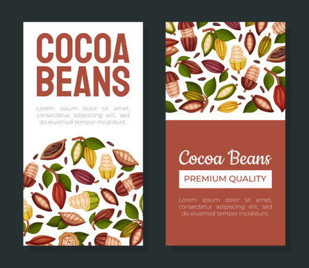 Cocoa Bean Banner Design with Brown Pod and Green Leaf Vector Templateのイラスト素材