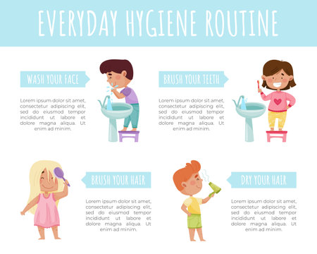 Kids Washing Engaged in Everyday Hygiene Routine Vector Templateのイラスト素材