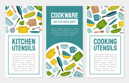 Kitchenware Banner Design with Tools and Utensils Vector Templateのイラスト素材