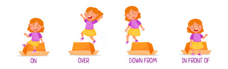 Little Girl with Carton Box as Prepositions of Place Demonstration Vector Setのイラスト素材