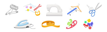 Different Sewing Tools and Equipment for Dressmaking Vector Setのイラスト素材