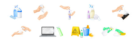 Cleaning and Disinfection Objects and Hands as Personal Hygiene and Care Vector Setのイラスト素材