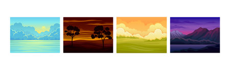 Sunrise and Sunset Landscapes with Horizon and Beautiful Sky Vector Setのイラスト素材