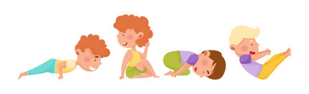Kid Characters Doing Yoga Standing in Different Asana Vector Setのイラスト素材