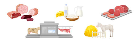 Meat and Dairy Product Manufacture Process Vector Setのイラスト素材