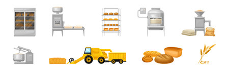 Bread Production and Wheat Crop Industry Vector Illustration Setのイラスト素材