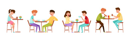 People Character Eating Street Food at Cafe Outdoor Vector Setのイラスト素材