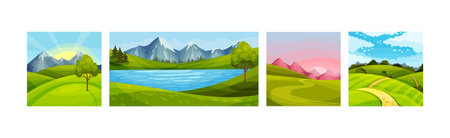 Green Summer Landscape with Field, Hills and Mountains Vector Setのイラスト素材