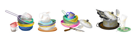 Dirty Dish and Kitchen Utensils Pile for Cleaning Vector Setのイラスト素材