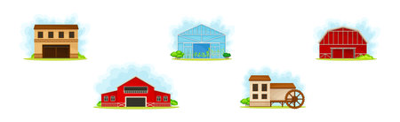 Rural Farm Building with Barn House and Glasshouse Vector Setのイラスト素材