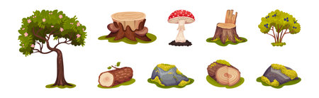 Forest Landscape Elements with Tree, Stump and Mushroom Vector Setのイラスト素材