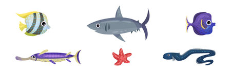 Cute Sea Animals and Underwater Creature with Shark, Starfish, Fish and Eel Vector Set