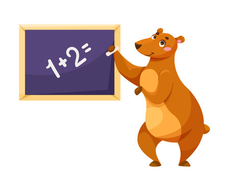 Bear at School at Chalkboard Do Math Sum Have Lesson and Education Vector Illustrationのイラスト素材