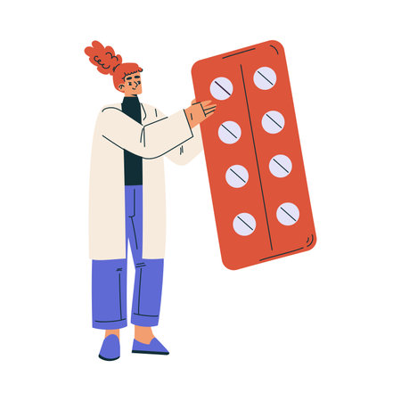Female Doctor Character as Professional Hospital Worker with Tablet Blister Pack Vector Illustrationのイラスト素材