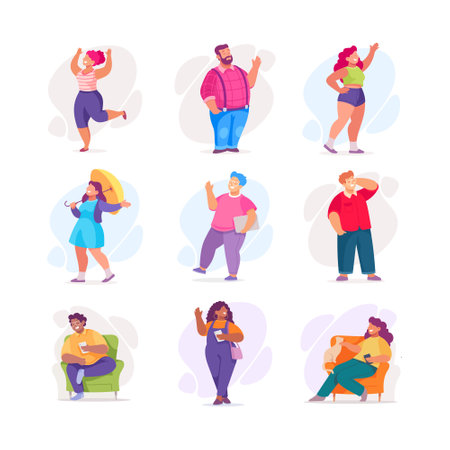 Body Positive Happy Man and Woman Character with Cheerful Smile Vector Illustration Setのイラスト素材