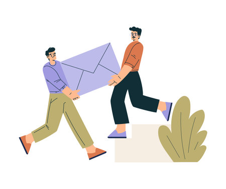 Business Concept with Man Character Carry Huge Letter Envelope Vector Illustrationのイラスト素材