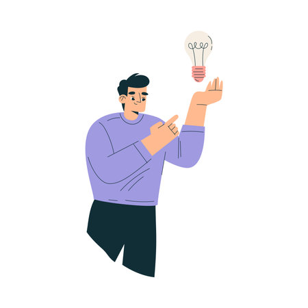 Business Concept with Man Character Find Idea with Lightbulb Vector Illustrationのイラスト素材