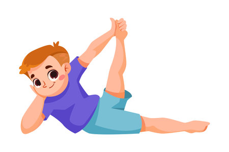 Little Boy Character Doing Yoga Lying in Asana Vector Illustrationのイラスト素材