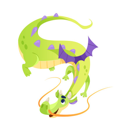 Fairy Green Dragon as Winged and Horned Legendary Creature Vector Illustrationのイラスト素材