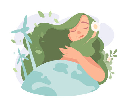Ecology with Woman Character with Planet Enjoy Sustainable Lifestyle Vector Illustrationのイラスト素材
