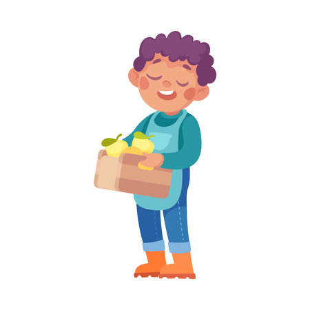 Ecology with Little Boy Character Carry Crate with Ripe Apple Harvest Enjoy Sustainable Lifestyle Vector Illustrationのイラスト素材