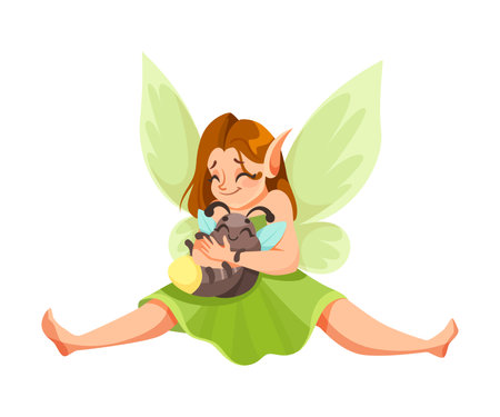 Elf and Fairy Girl Character with Wings Sit Embrace Bug Vector Illustrationのイラスト素材