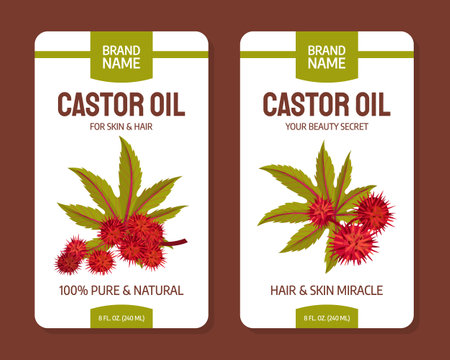 Castor Plant Oil Label Design with Leaves and Inflorescence Vector Templateのイラスト素材