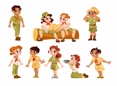 Cute Children Wear Safari Costume and Hat Vector Setのイラスト素材