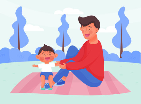 Happy Man Father with Baby in Park Vector Illustrationのイラスト素材