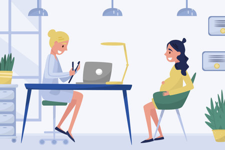 Woman Doctor at Table with Patient Have Hospital Appointment Vector Illustrationのイラスト素材