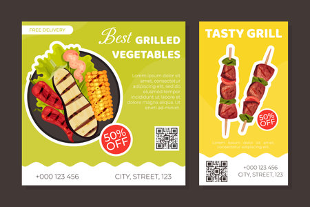 Grill Food Flyer Design with Roasted Barbecue Meal Vector Templateのイラスト素材