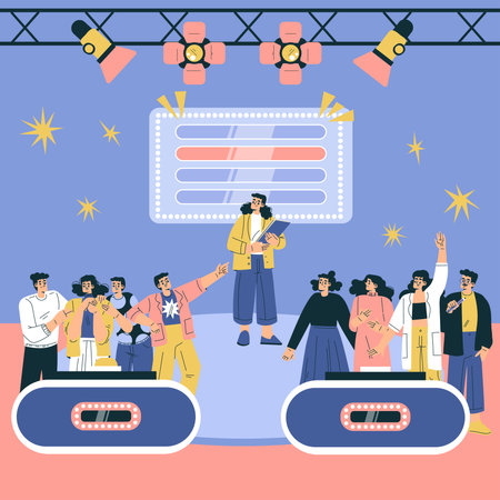 Tv Quiz Game with People Characters in Team Answer Question Vector Setのイラスト素材