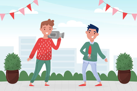 Man Journalist Standing with Cameraman Report News Vector Illustrationのイラスト素材