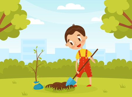 Little Boy Plant Tree Care of Planet and Nature Vector Illustrationのイラスト素材