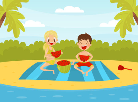 Happy Boy and Girl at Summer Sit and Eat Watermelon Vector Illustrationのイラスト素材