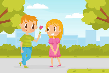 Happy Boy Give Flower to Girl at Summer Vector Illustrationのイラスト素材