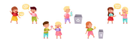 Polite Children Character with Courteous Behavior in Different Situation Vector Setのイラスト素材