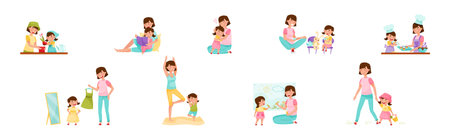 Mother and Daughter Characters Spending Time Together Vector Setのイラスト素材