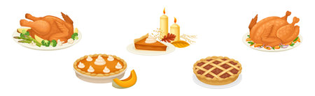 Thanksgiving Day Symbol and Festive Food Vector Setのイラスト素材