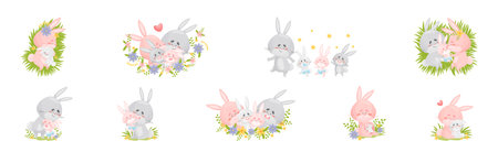 Rabbit Family with Bunny Mom and Dad Loving Their Cub Vector Setのイラスト素材
