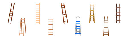 Wooden and Metal Step Ladder for Domestic and Construction Need Vector Setのイラスト素材