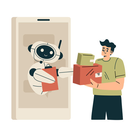 Artificial Intelligence with Man Character Receive Parcel from Bot Vector Illustrationのイラスト素材