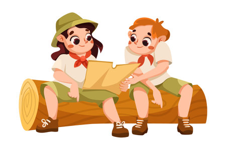 Cute Boy and Girl Character in Safari Outfit Sitting on Log with Map Vector Illustrationのイラスト素材