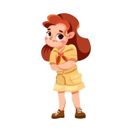 Cute Girl Character in Safari Outfit Standing with Grumpy Face Vector Illustrationのイラスト素材