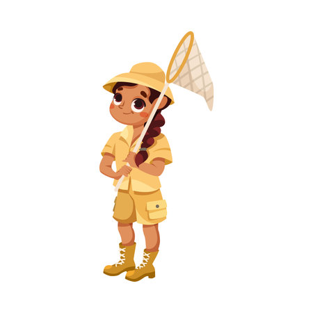 Cute Girl Character in Safari Outfit Standing with Catching Net Vector Illustrationのイラスト素材