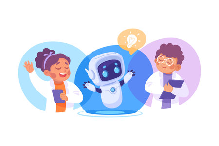 Ai Chatbot Communication with Man and Woman with Robot Vector Illustrationのイラスト素材
