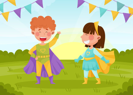 Cute Superhero Kids Wearing Cloak Vector Illustrationのイラスト素材