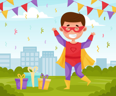 Cute Superhero Boy Kid Wearing Cloak Vector Illustrationのイラスト素材