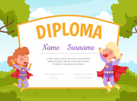 Cute Superhero Kids Wearing Cloak Diploma Vector Templateのイラスト素材