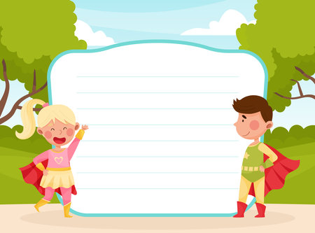 Cute Superhero Kids Wearing Cloak Empty Card Vector Templateのイラスト素材